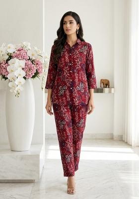 Maroon Printed Rayon Kurta Set