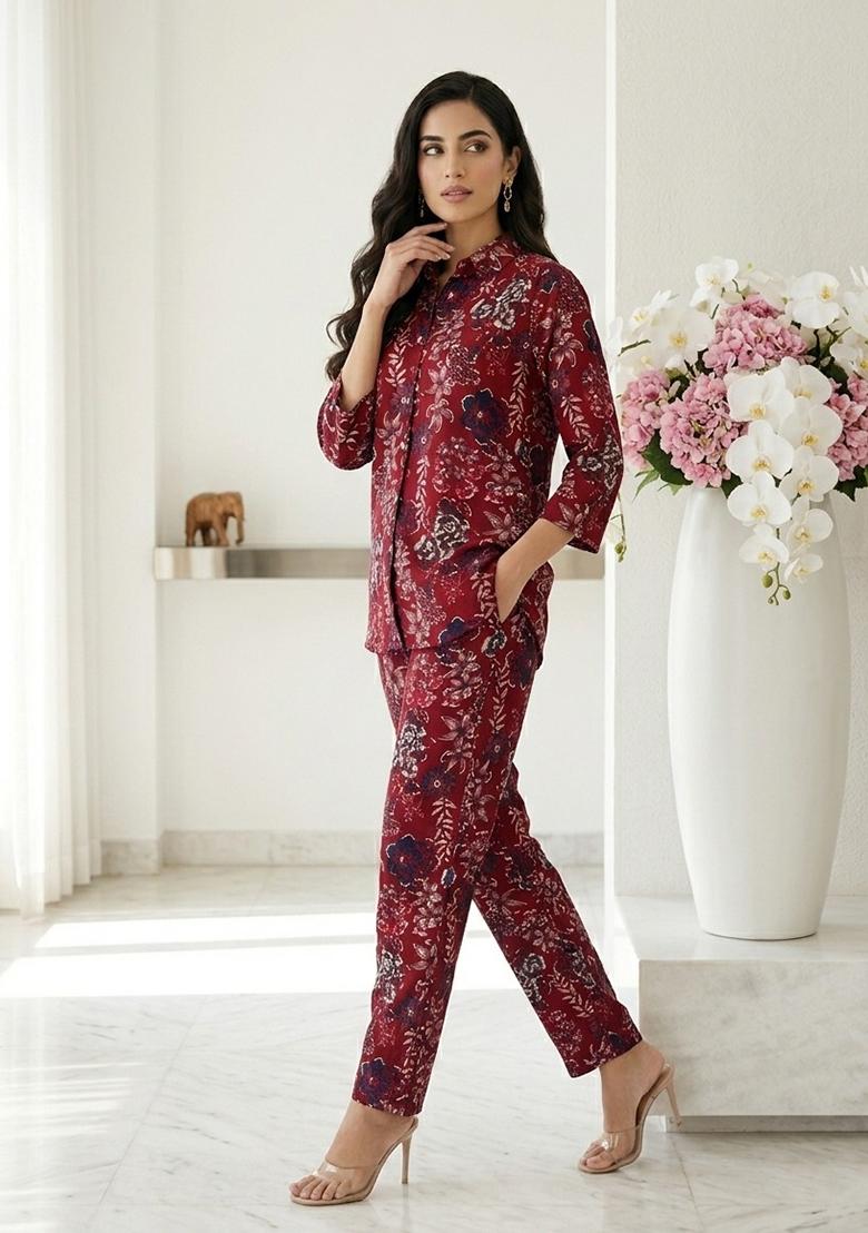 Maroon Printed Rayon Kurta Set - Indya