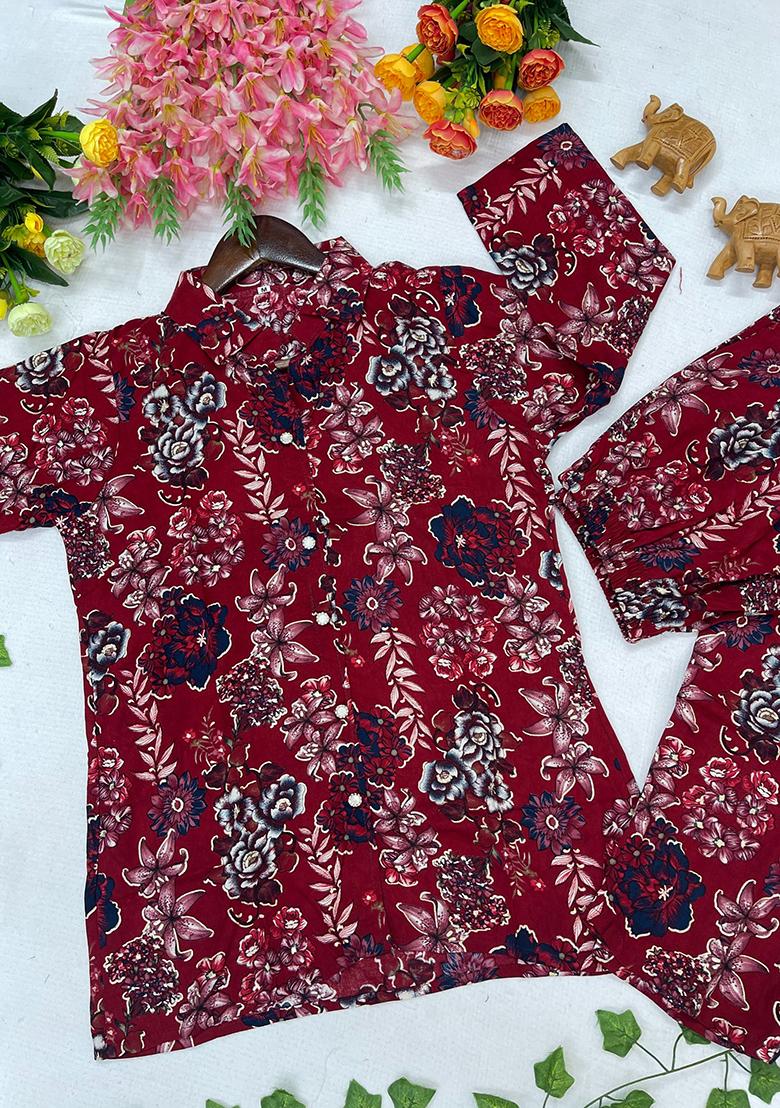 Maroon Printed Rayon Kurta Set - Indya