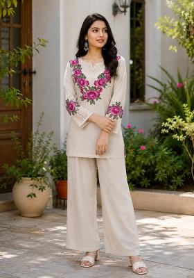 Beige Embroidery Cotton Kurta Set