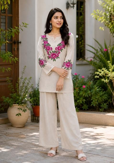 Beige Embroidery Cotton Kurta Set