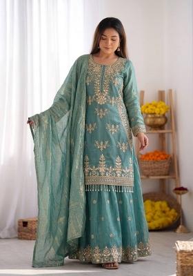 Teal Embroidery Silk Kurta Set