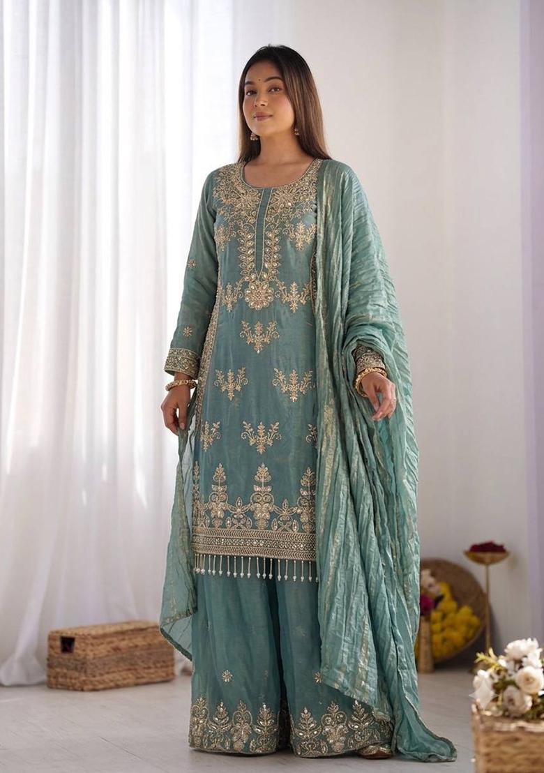 Teal Embroidery Silk Kurta Set - Indya