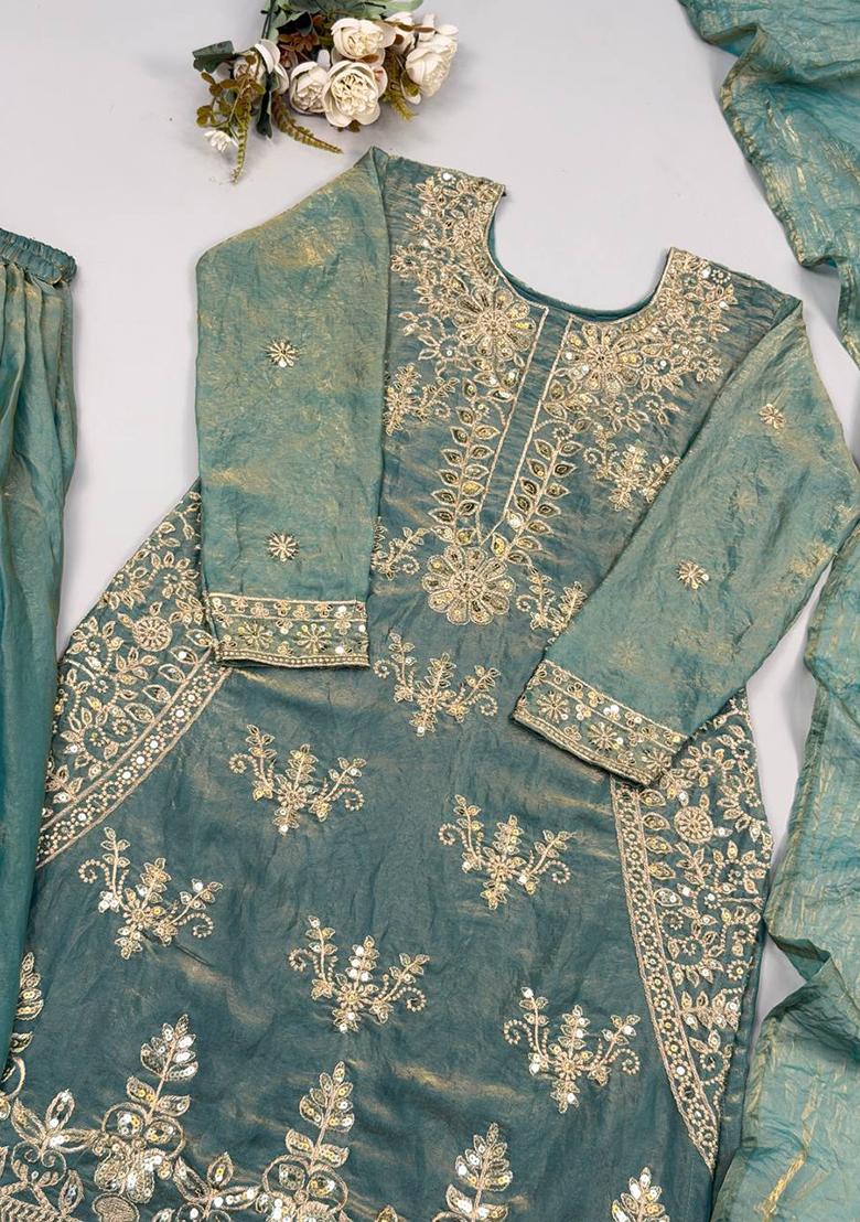 Teal Embroidery Silk Kurta Set - Indya