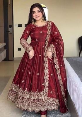 Maroon Embroidery Silk Kurta Set