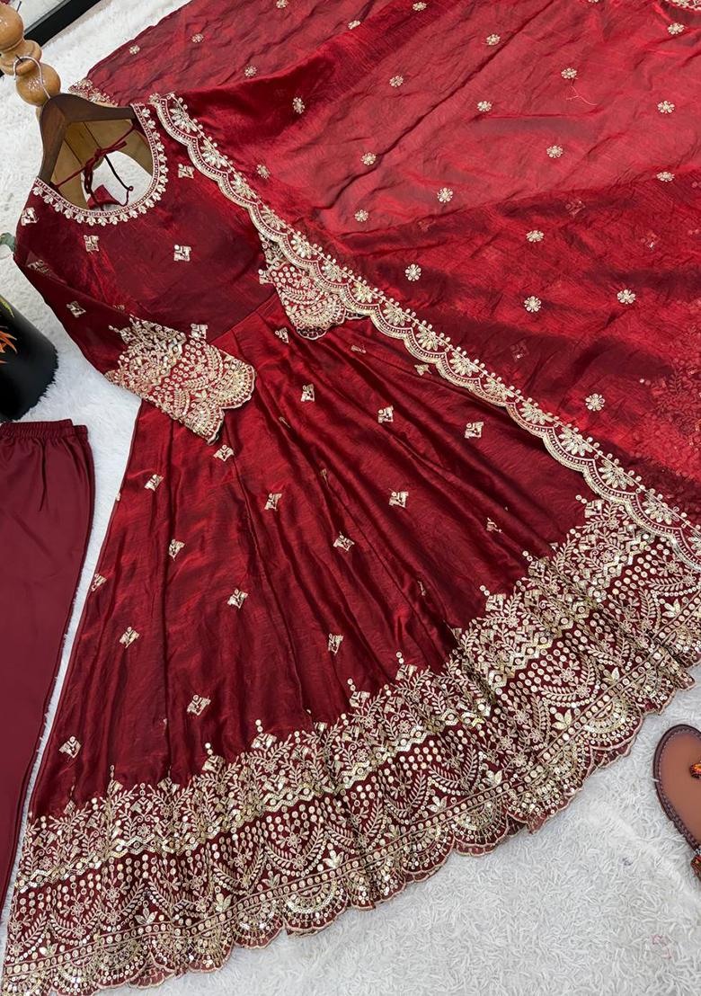 Maroon Embroidery Silk Kurta Set - Indya