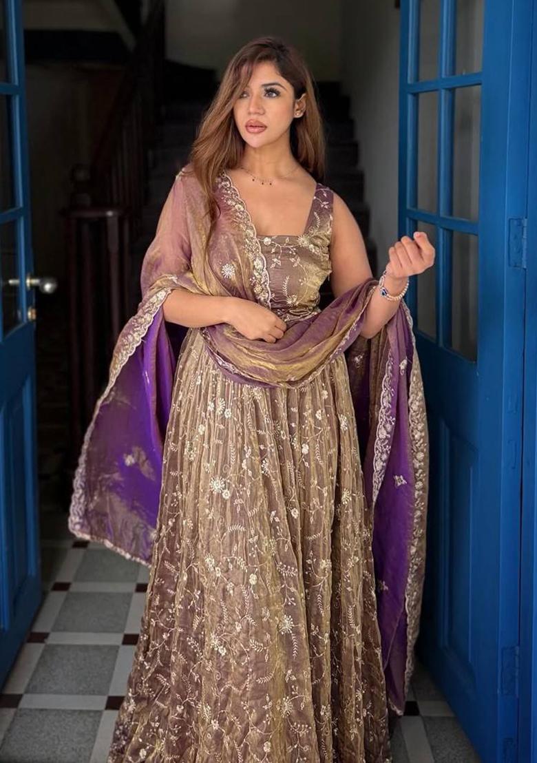 Purple Embroidery Silk Kurta Set - Indya
