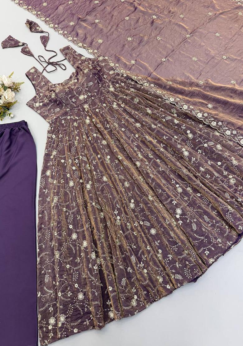 Purple Embroidery Silk Kurta Set - Indya