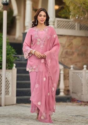 Pink Embroidery Silk Kurta Set