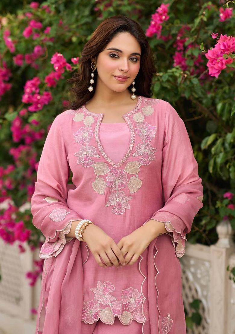 Pink Embroidery Silk Kurta Set - Indya