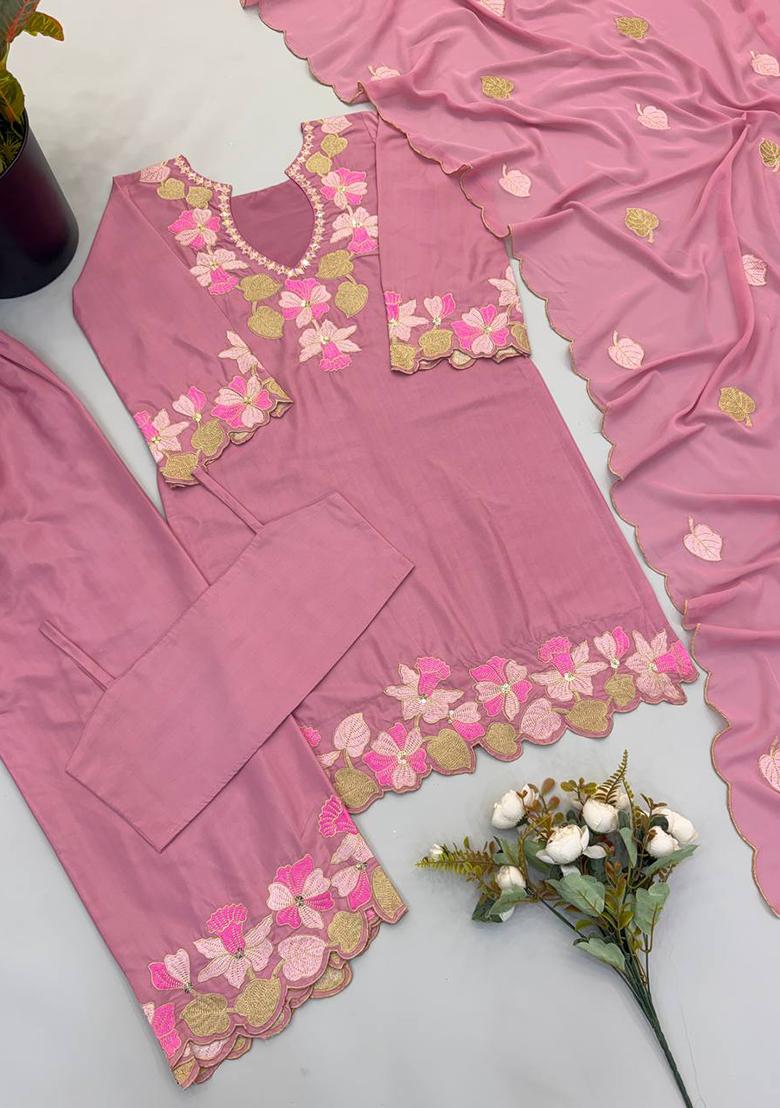 Pink Embroidery Silk Kurta Set - Indya