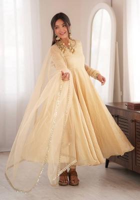 Cream Mirror Work Silk Kurta Set