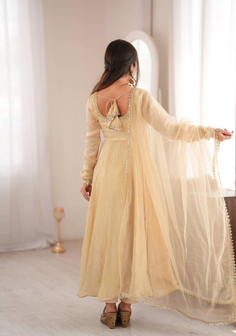 Cream Mirror Work Silk Kurta Set - Indya