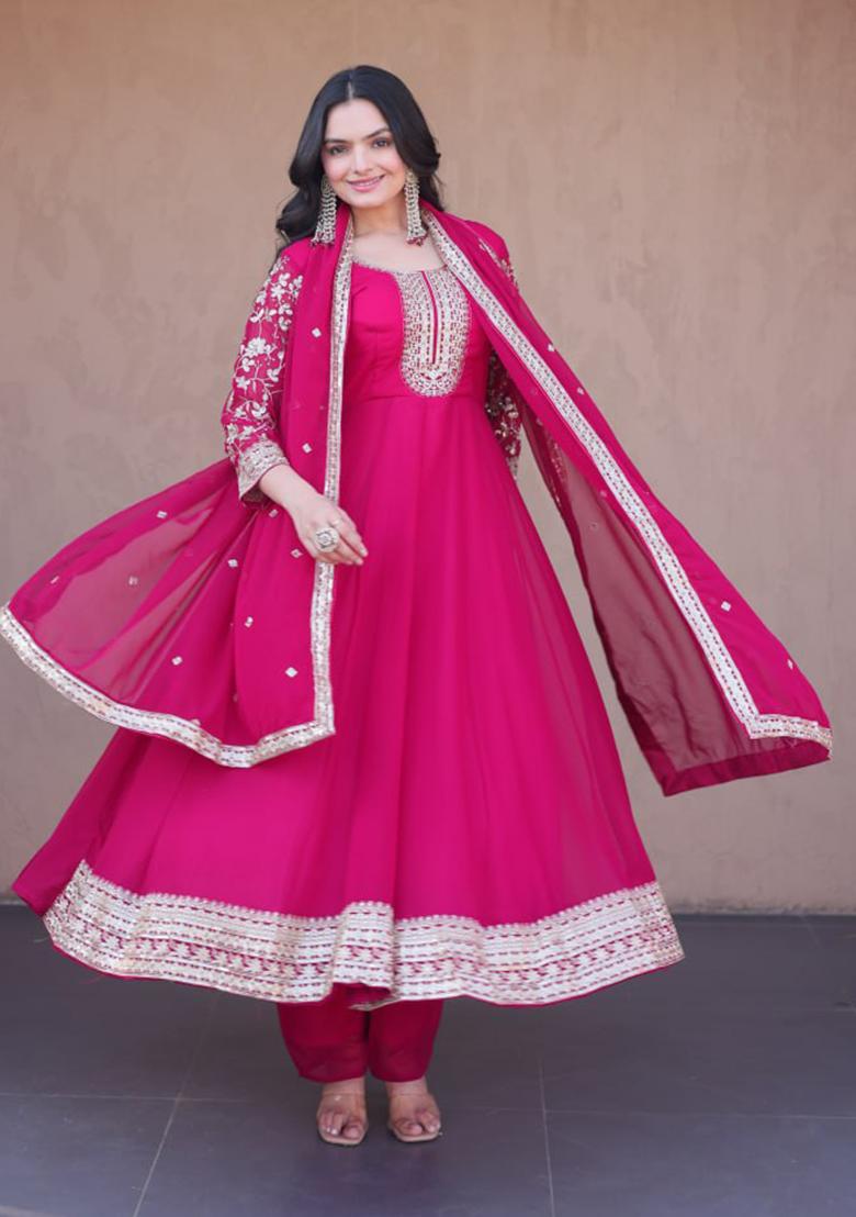 Rani Pink Embroidery Georgette Kurta Set - Indya