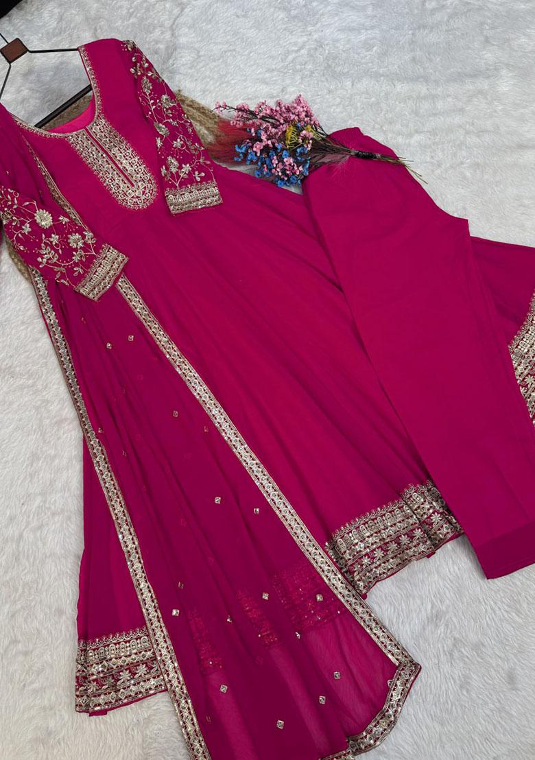 Rani Pink Embroidery Georgette Kurta Set - Indya