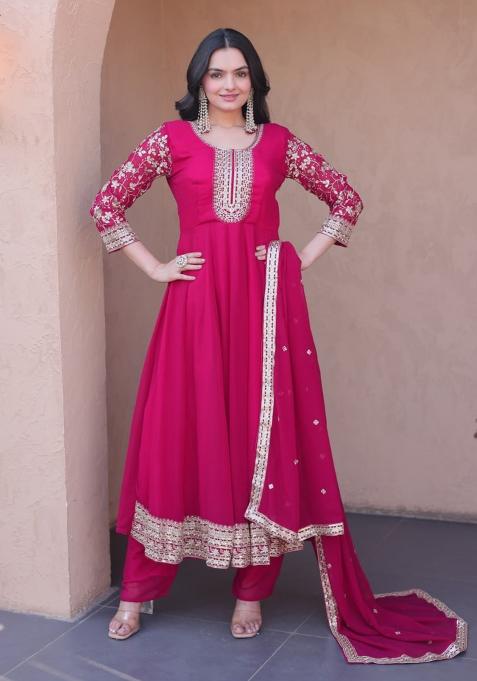 Rani Pink Embroidery Georgette Kurta Set