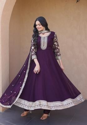 Wine Embroidery Georgette Kurta Set