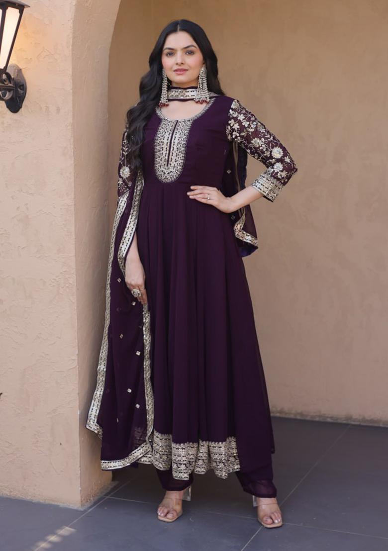 Wine Embroidery Georgette Kurta Set - Indya