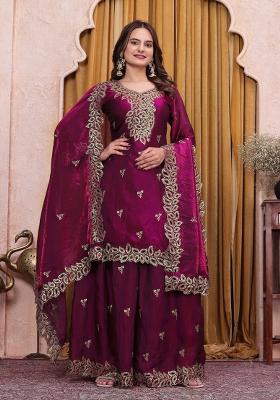 Wine Embroidery Silk Kurta Set