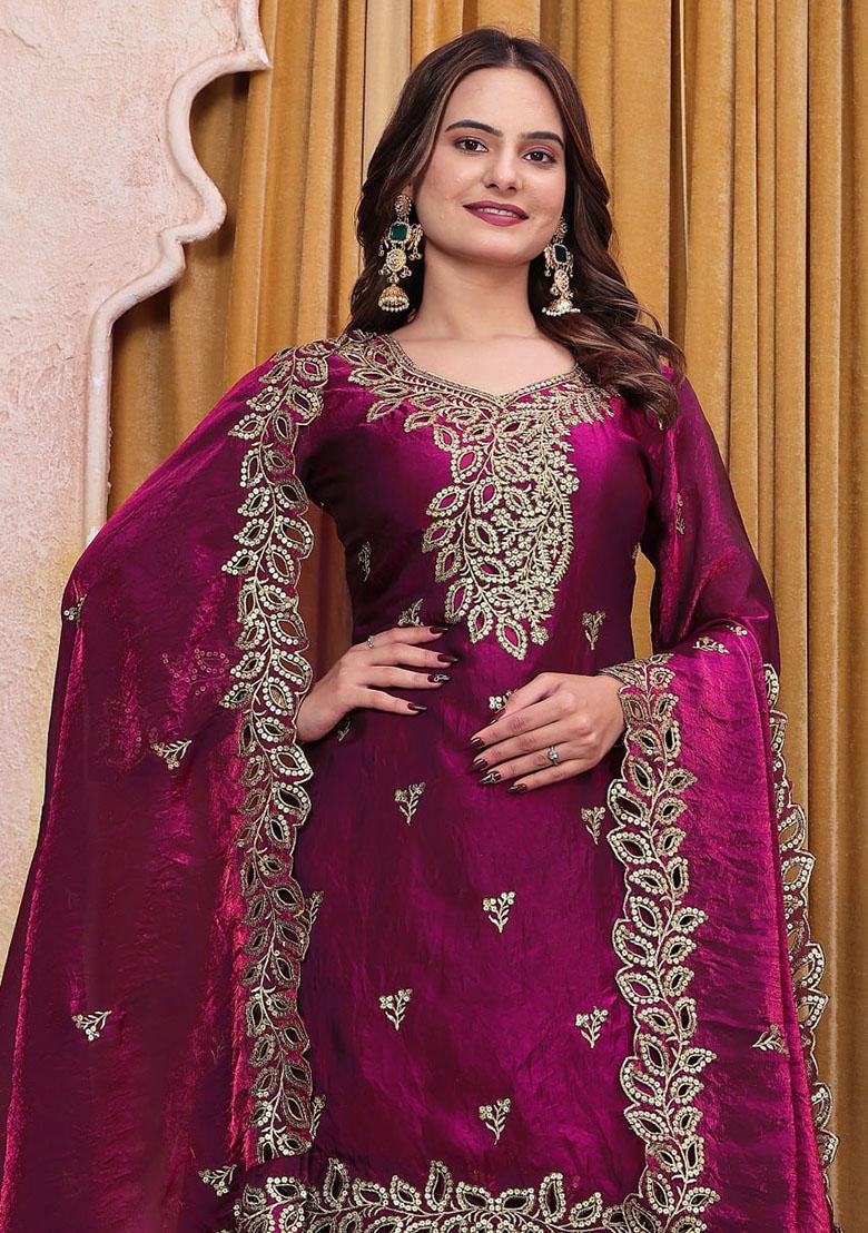 Wine Embroidery Silk Kurta Set - Indya