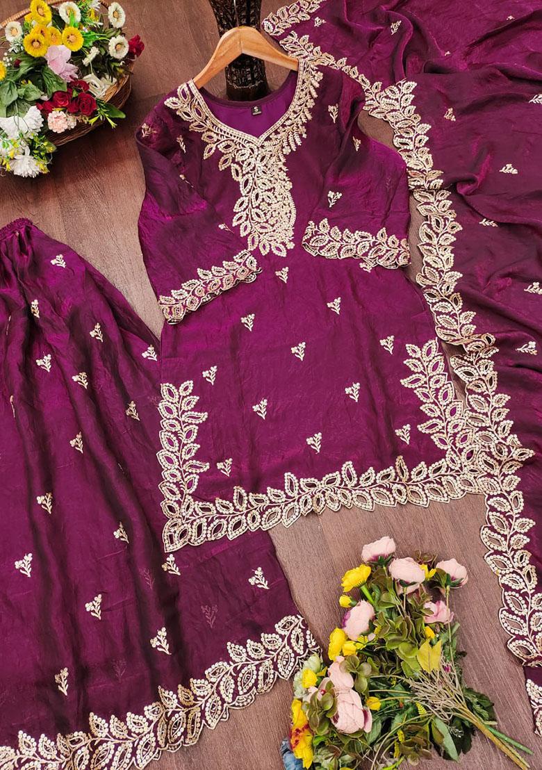 Wine Embroidery Silk Kurta Set - Indya