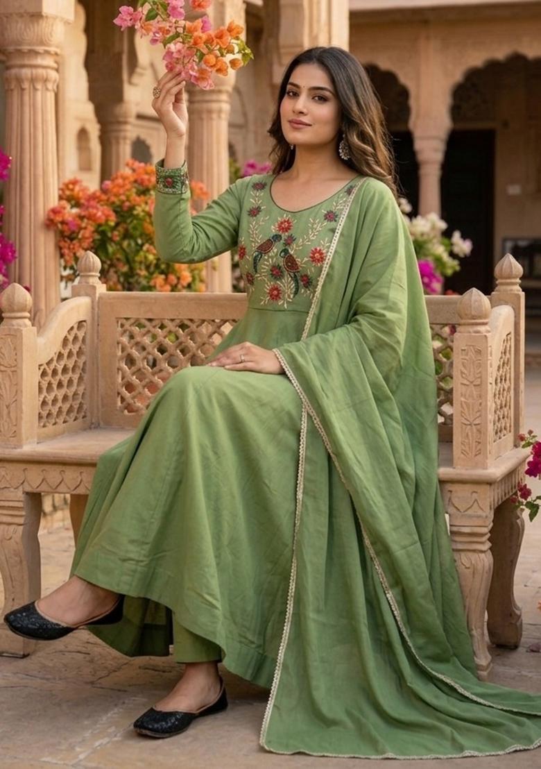 Light Green Embroidery Silk Kurta Set - Indya