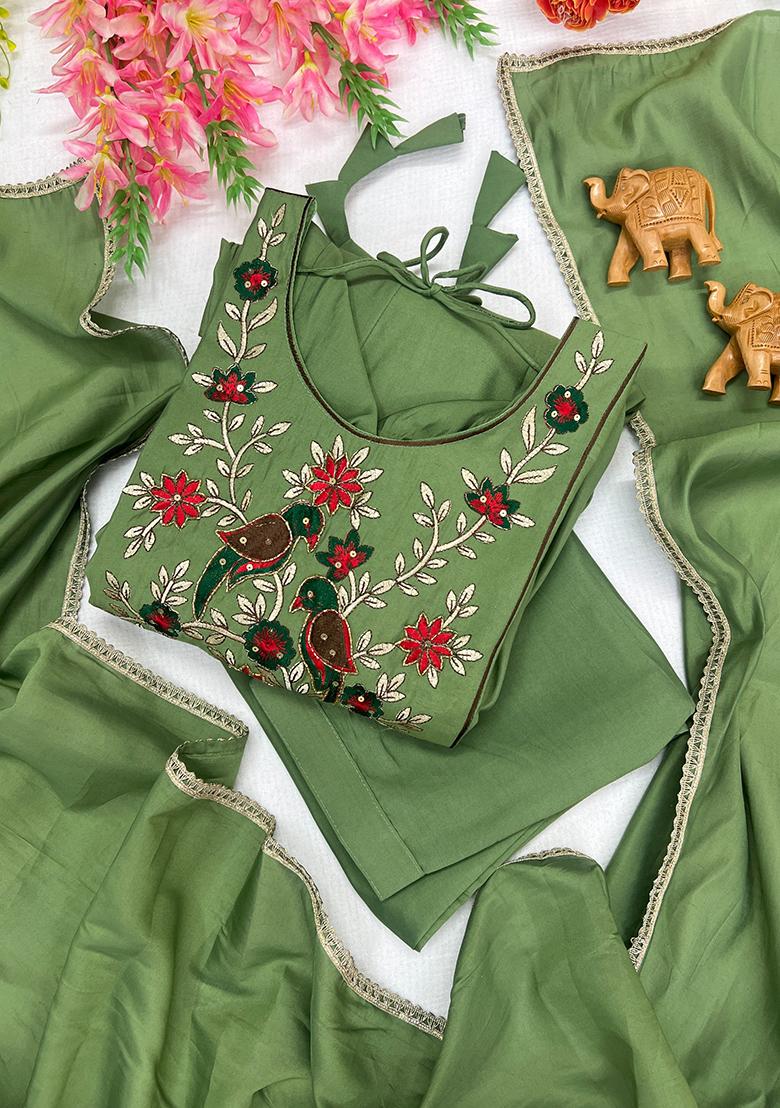 Light Green Embroidery Silk Kurta Set - Indya
