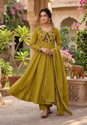 Olive Embroidery Silk Kurta Set