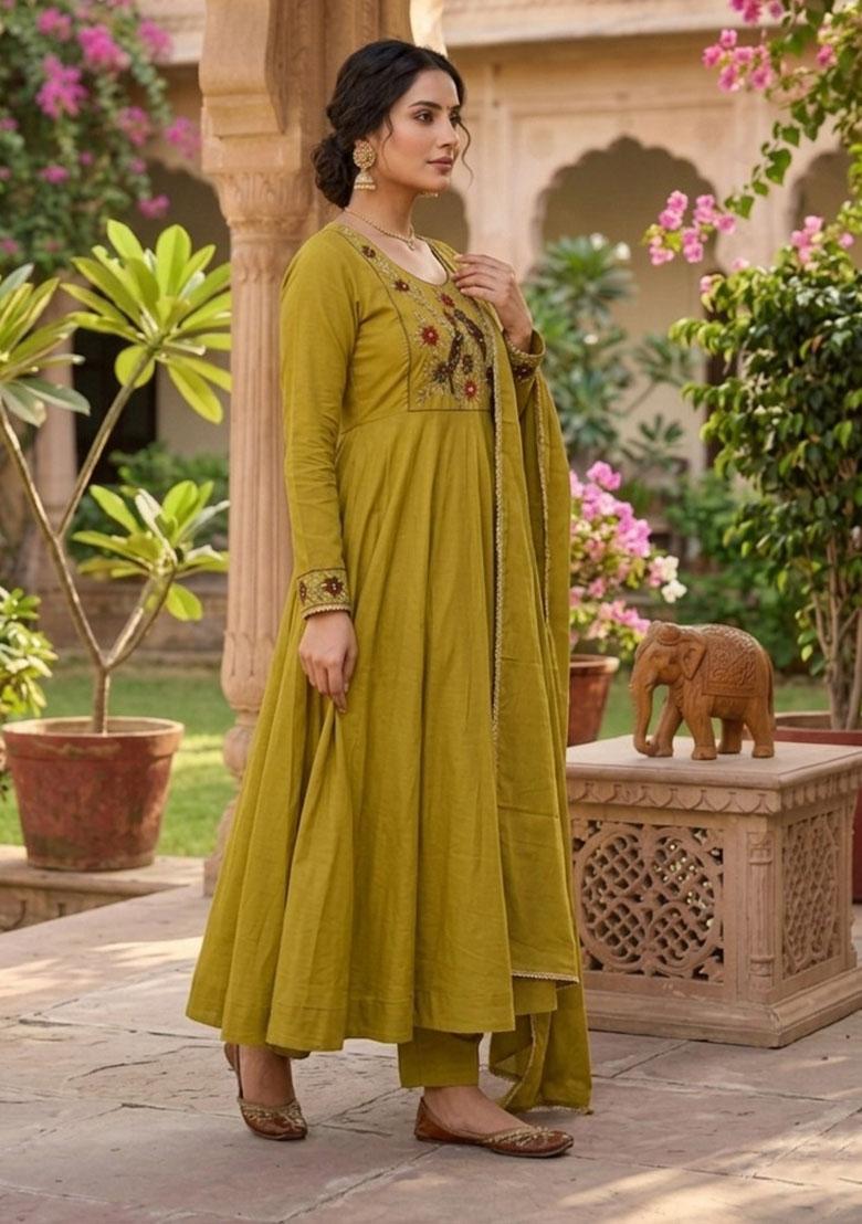 Olive Embroidery Silk Kurta Set - Indya