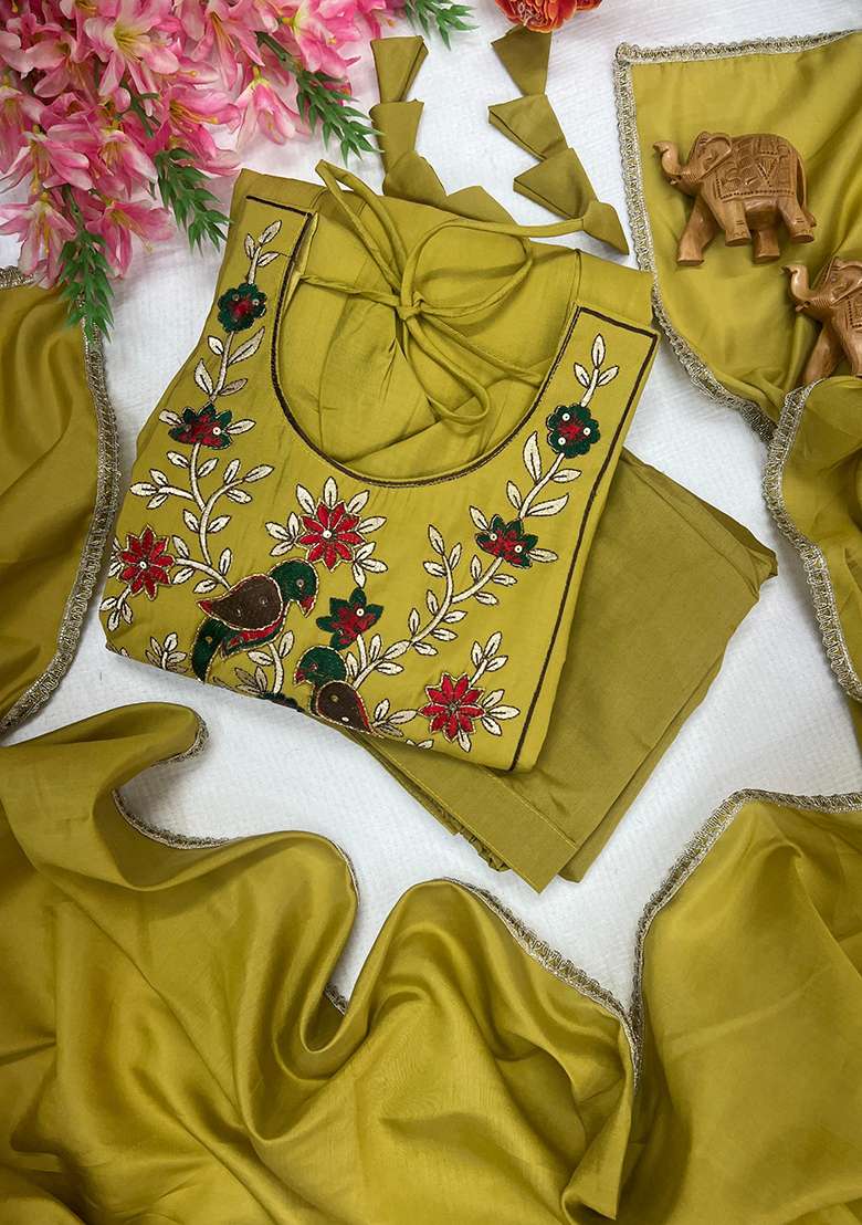 Olive Embroidery Silk Kurta Set - Indya