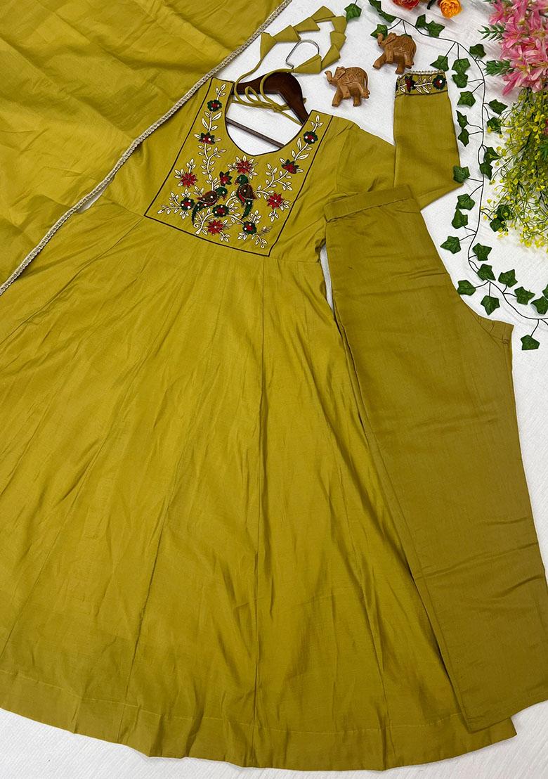 Olive Embroidery Silk Kurta Set - Indya
