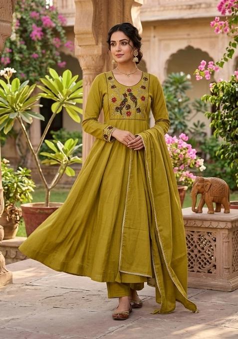Olive Embroidery Silk Kurta Set