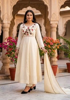 White Embroidery Silk Kurta Set