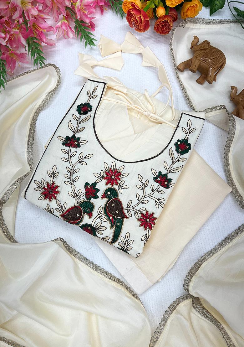 White Embroidery Silk Kurta Set - Indya