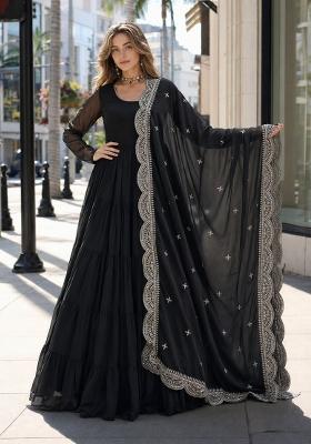 Black Embroidery Georgette Anarkali With Dupatta