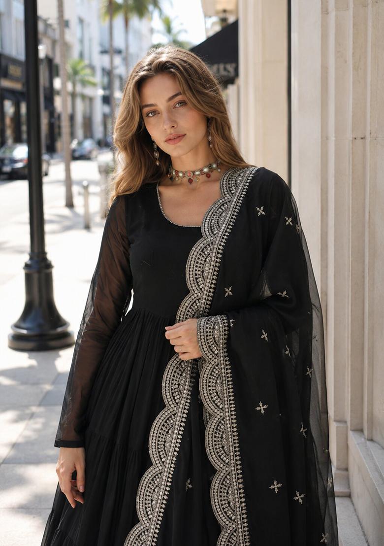 Black Embroidery Georgette Anarkali With Dupatta - Indya
