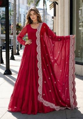 Red Embroidery Georgette Anarkali With Dupatta