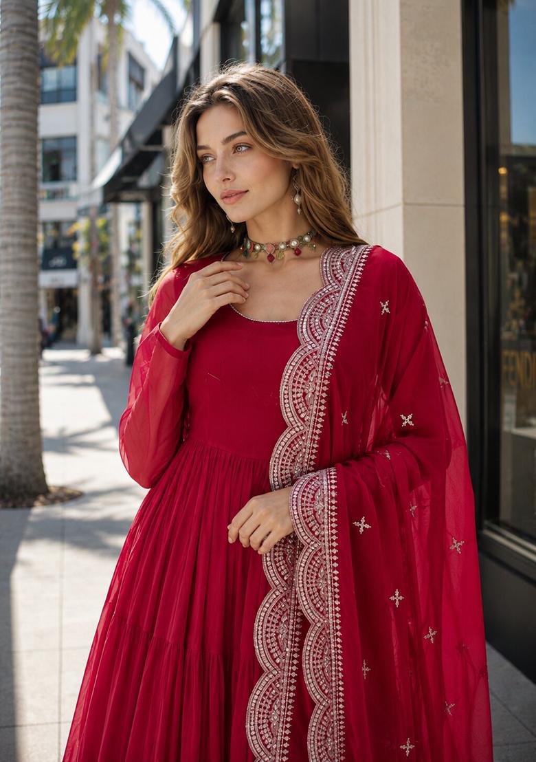 Red Embroidery Georgette Anarkali With Dupatta - Indya