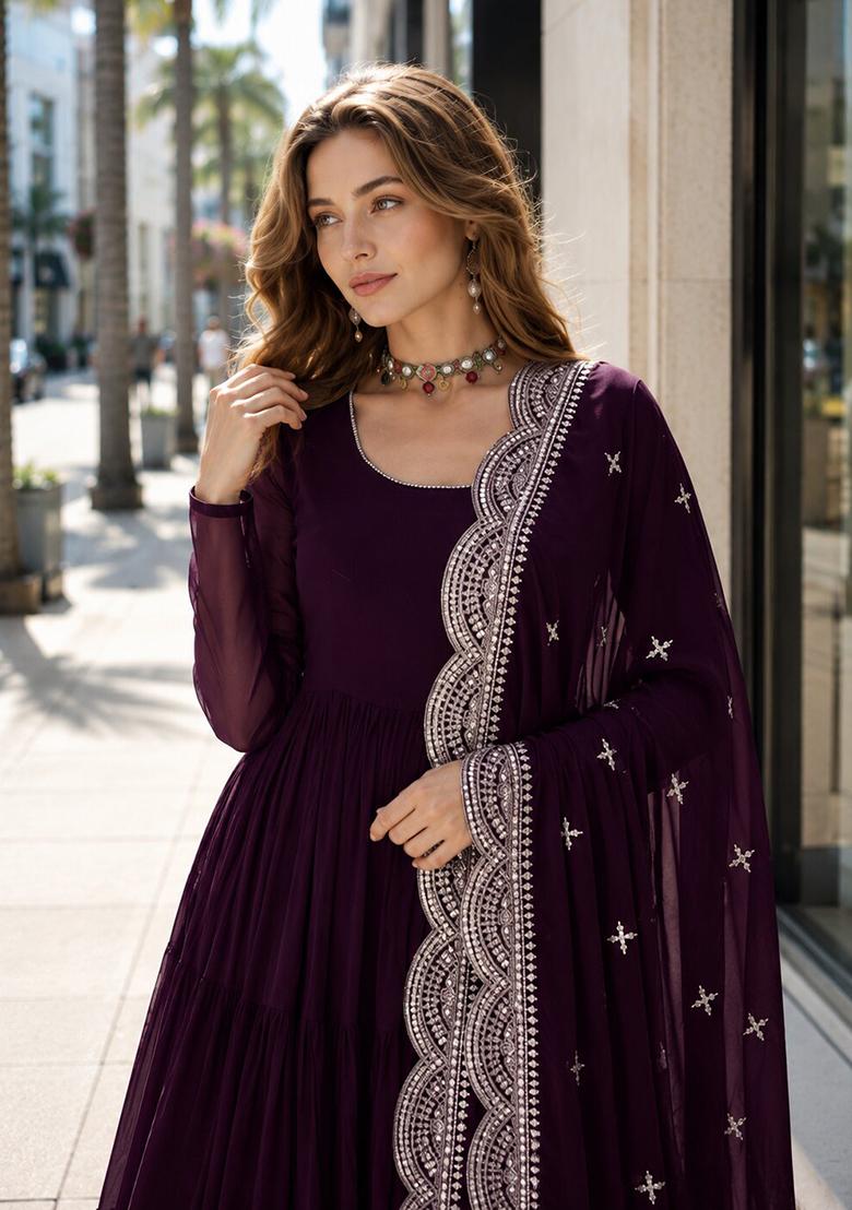 Purple Embroidery Georgette Anarkali With Dupatta - Indya