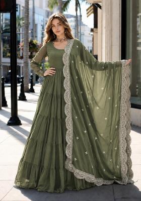Sea Green Embroidery Georgette Anarkali With Dupatta