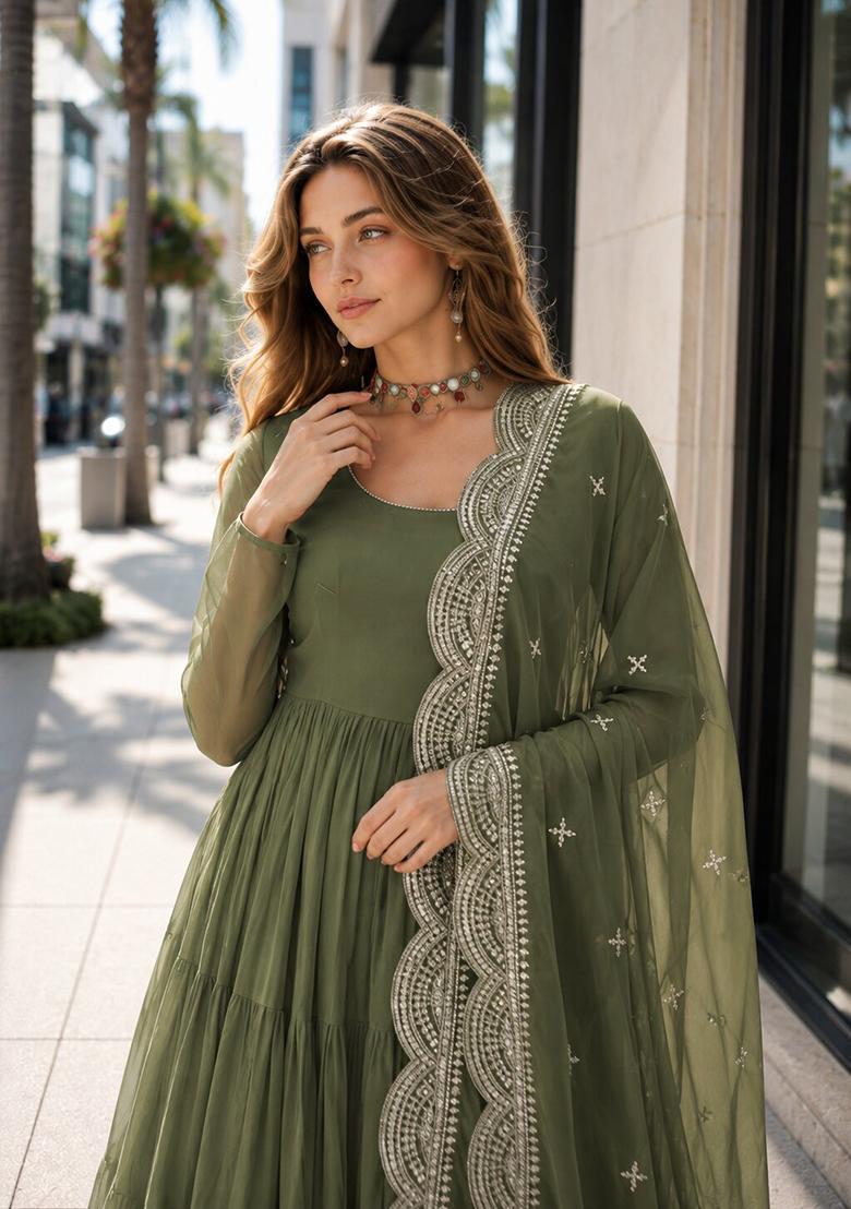 Sea Green Embroidery Georgette Anarkali With Dupatta - Indya