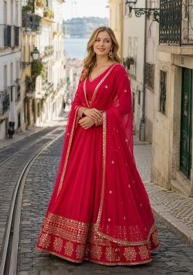 Red Embroidery Georgette Anarkali With Dupatta