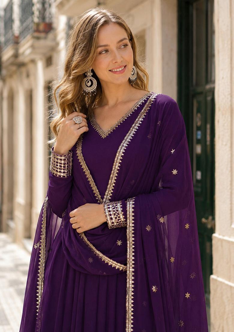 Purple Embroidery Georgette Anarkali With Dupatta - Indya