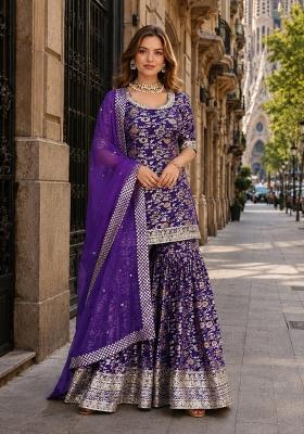 Purple Embroidery Viscose Kurta Set