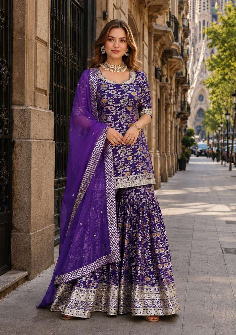 Purple Embroidery Viscose Kurta Set - Indya