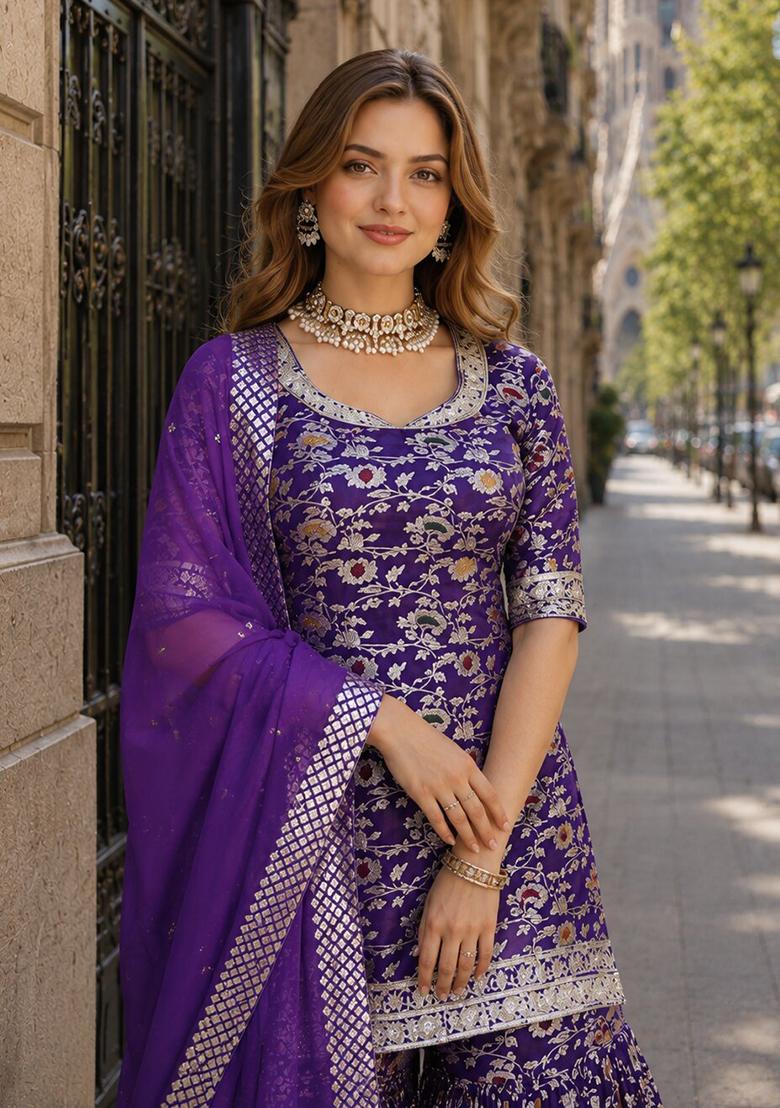 Purple Embroidery Viscose Kurta Set - Indya