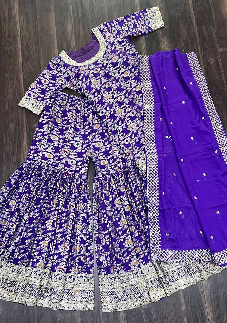 Purple Embroidery Viscose Kurta Set - Indya