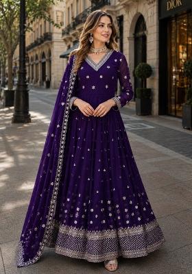 Purple Embroidery Georgette Anarkali With Dupatta