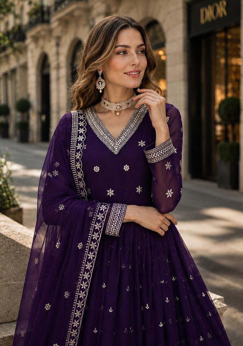 Purple Embroidery Georgette Anarkali With Dupatta - Indya