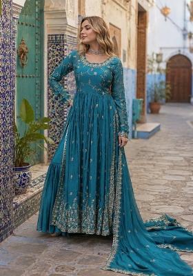 Blue Embroidery Silk Kurta Set